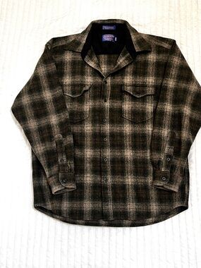 Pendleton Olive and Brown Plaid Wool Shirt Jacket Outdoorman XL Long